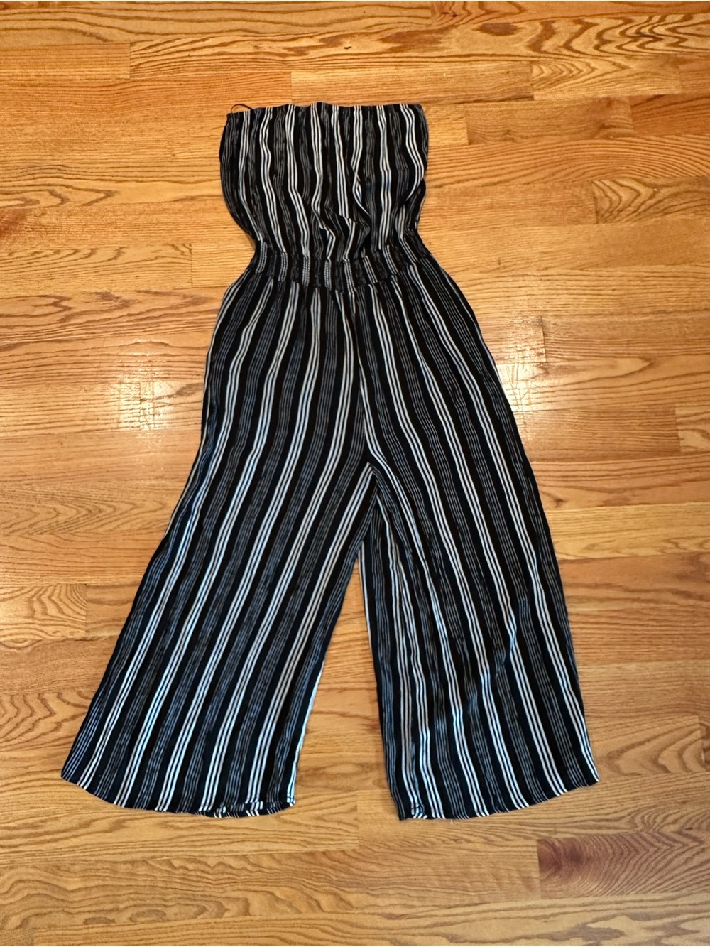 Striped Black & White Strapless Wide-Leg Jumpsuit